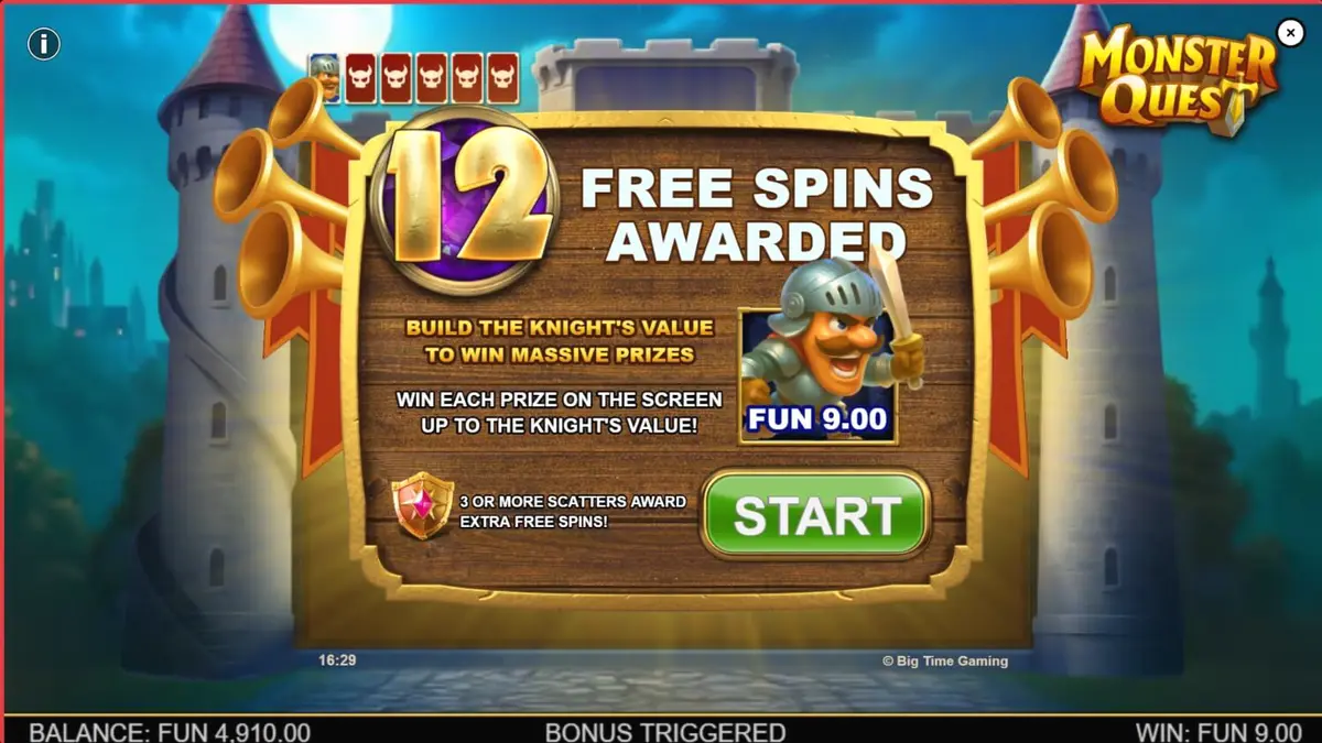 Tampilan visual slot Monster Quest dengan tema kastil abad pertengahan dan simbol permata