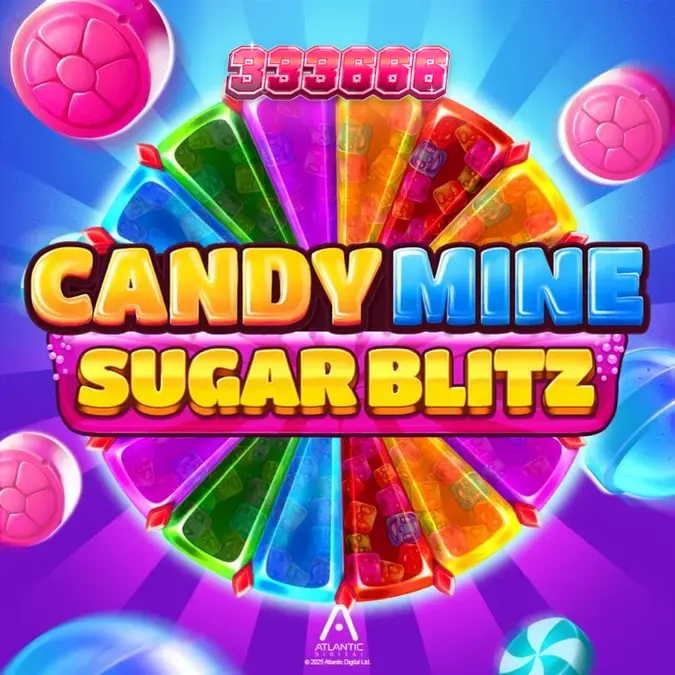 Tampilan antarmuka permainan slot Candy Mine Sugar Blitz dengan desain permen yang cerah.